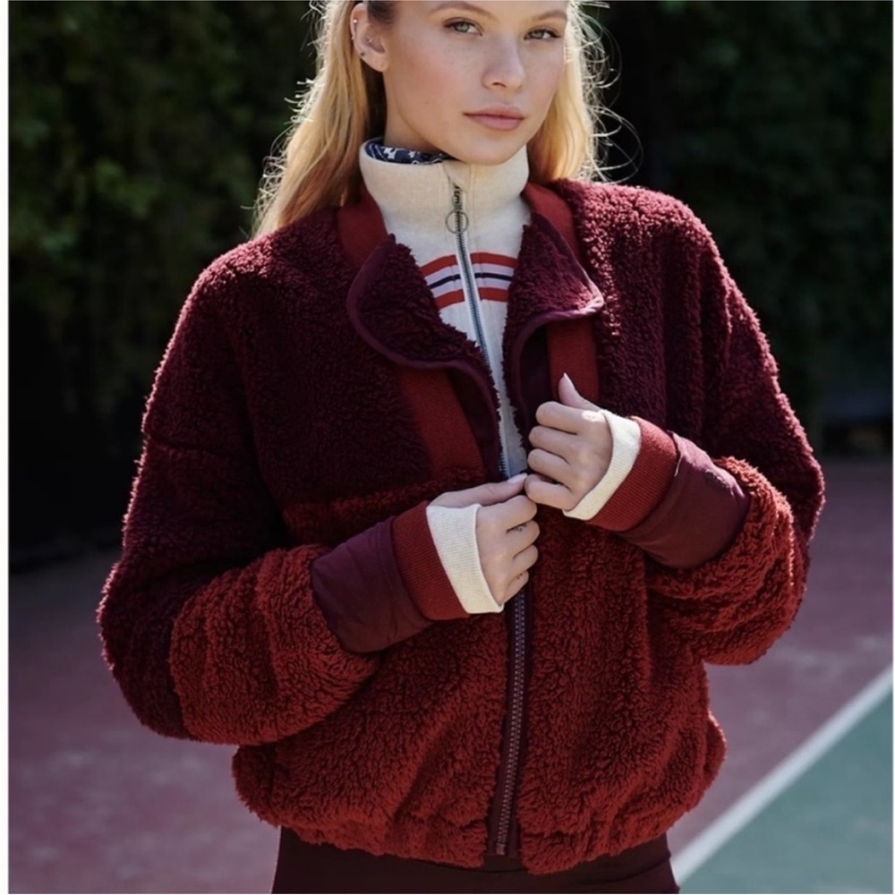 Free People Two-Tone Burgundy Teddy Sherpa Jacket - Picture 5 of 6